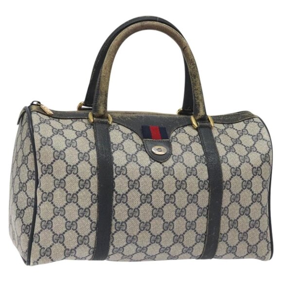 GUCCI GG Supreme Sherry Line Hand Bag PVC Navy Gold Red - Picture 1 of 16